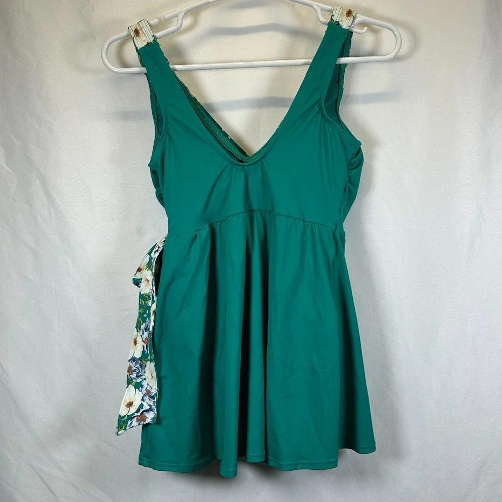Land's End Women's Petite 4 Side Tie Mini Green Floral Swim Dress Swimsuit 1-pc‎